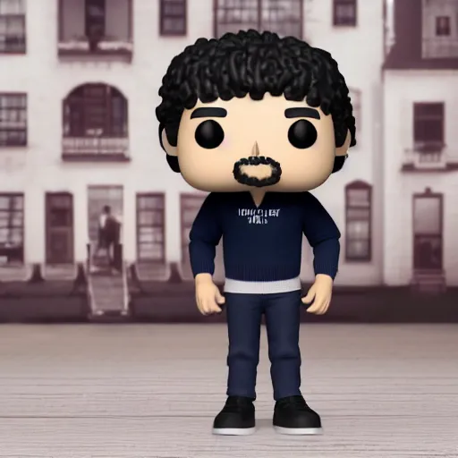 Image similar to a 21 year old skinny white guy with no beard and black hair in a navy blue sweater , jeans and grey shoes funko pop close up highly detailed photo