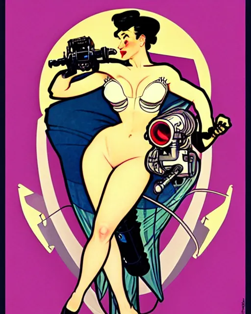 Image similar to a retro future science fiction pinup illustration of dita von teese, alphonse mucha, alberto vargas, gil elvgren, diesel punk.