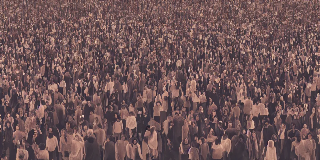 Image similar to realistic cinematic views of a crowd of anonymous with blurred face, hyper detailed, hyper realistic, digital painting, 8k, 35mm film grain, octane render