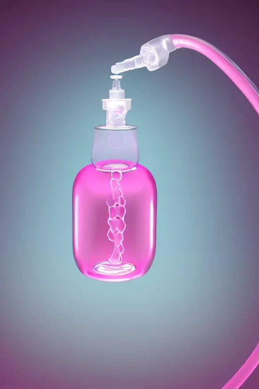 Image similar to Pink Vapor Inhalation Machine Connected to a Spherical Bottle of Pink Liquid by a Tube, Pink Vapor Leaking from an Oxygen Mask, fantasy, magic, ultra detailed, digital art, trending on artstation, illustration, medical laboratory