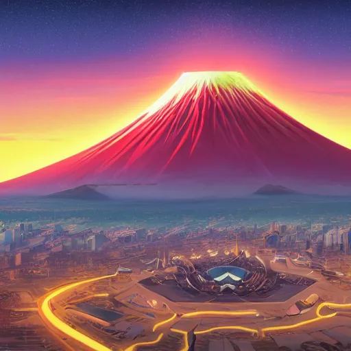 Image similar to a highly detailed matte painting of retro futurist mount fuji hosting the olympics, aerial photography, ultrawide lens, by dan mumford, yusuke murata, makoto shinkai, ross tran, cosmic, heavenly, god rays, intricate detail, cinematic, 8 k, cel shaded, unreal engine, featured on artstation, pixiv