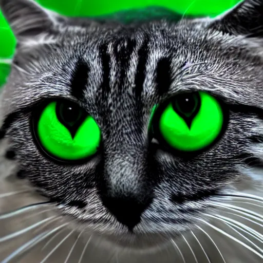 Prompt: a green cat with frog eyes