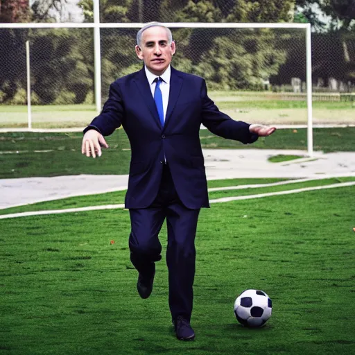 Image similar to Benjamin Netanyahu juggling a football in a public park, dynamic lighting, ambient lighting, morning time, HQ, official media