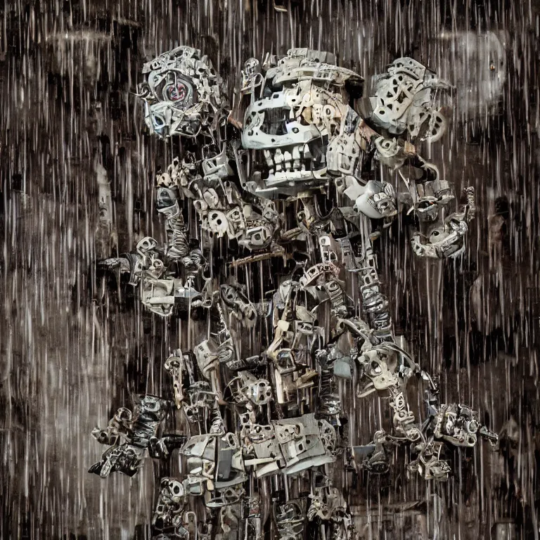 Image similar to photograph of a stylized worn down and broken endoskeleton that has been built by scott cawthon and chuck e cheese, rain, dense fog, alleyway, volumetric lighting, f 8 aperture, cinematic eastman 5 3 8 4 film