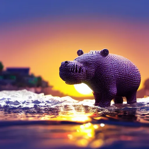 Image similar to a closeup photorealistic photograph of a cute smiling knitted tiger hippopotamus chasing a beachball at sunset. surf in the background. professional capture. this 4 k hd image is trending on artstation, featured on behance, well - rendered, extra crisp, features intricate detail, epic composition and the style of unreal engine.