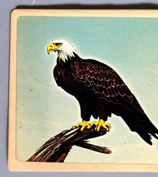 Prompt: damaged postcard of 'an eagle in the nest of a snowy pine tree' laying on table, long shot