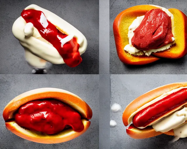 Prompt: dslr food photograph of vanilla ice cream with ketchup on, and slices of hotdog, 8 5 mm f 1. 4