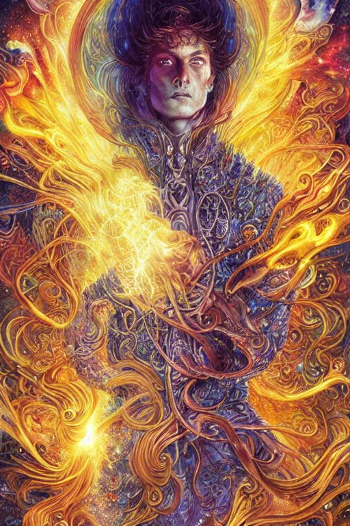 Image similar to a golden wizard with a detailed robe with beautiful eyes coming from a tumultuous mist of nebula gas, various color scheme by android jones , alex gray, Karol Bak, Ayami Kojima, Amano