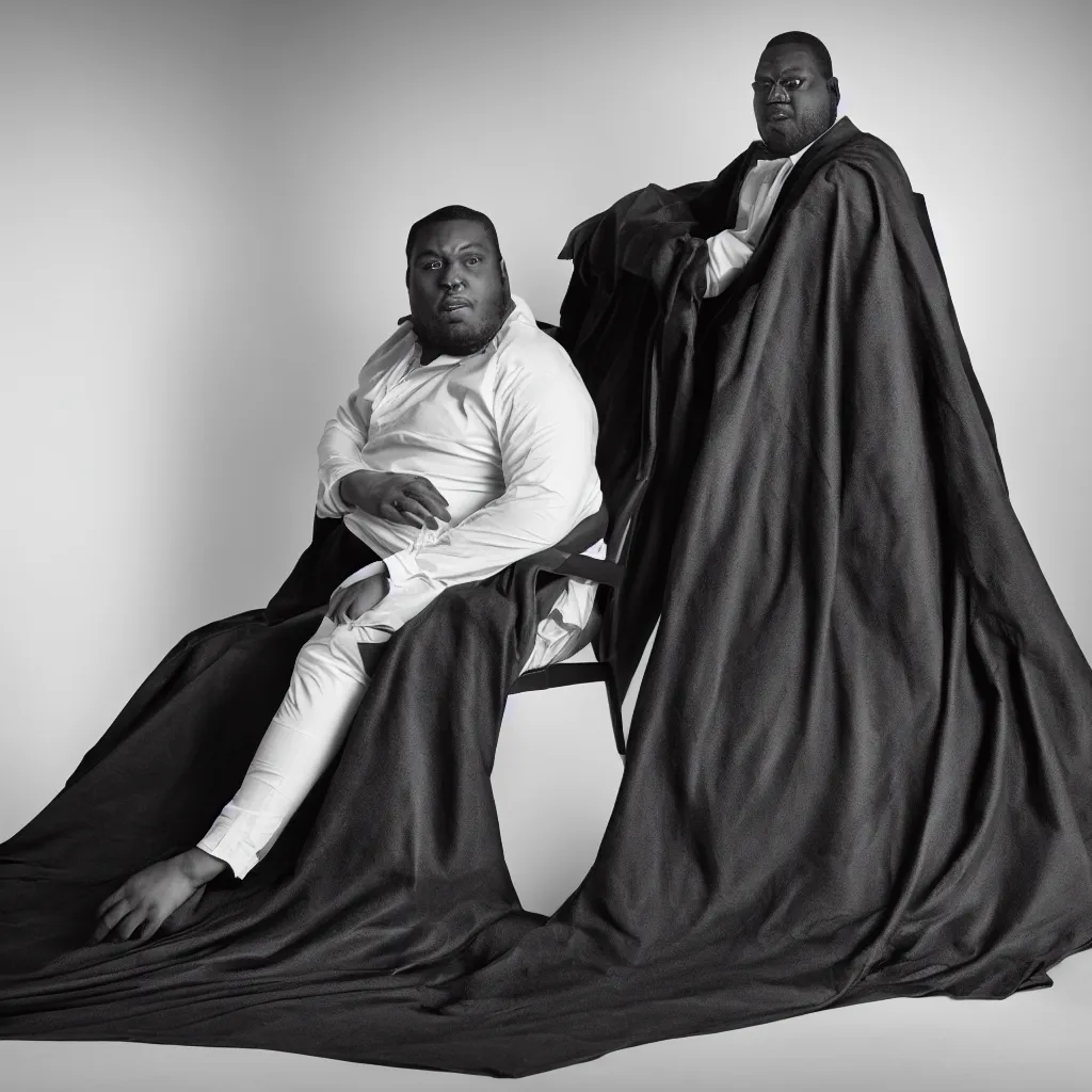 Prompt: Large black man sitting on chair, setting covered by large folding silky curtains, dark, 8K photo realistic, black and white color, dimly lit, top light, dark