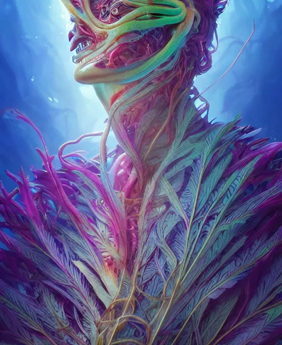 Prompt: filigreed colorful transparent portrait of a terrifying beautiful alien sea creature, fronds, mottled coloring, botany, adorable, childlike, horror environment, ultra realistic, concept art, art nouveau, photorealistic, octane render, 8 k, unreal engine. art by christopher marley and artgerm and greg rutkowski and alphonse mucha