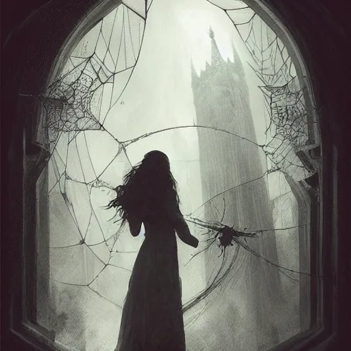 Image similar to a beautiful witch looks at her reflection, spiders and spiderwebs everywhere, elegant design, haunting atmosphere, dark lighting, gothic, horror style, scary, swirling fog, volumetric lighting, by greg rutkowski, dutch angle,