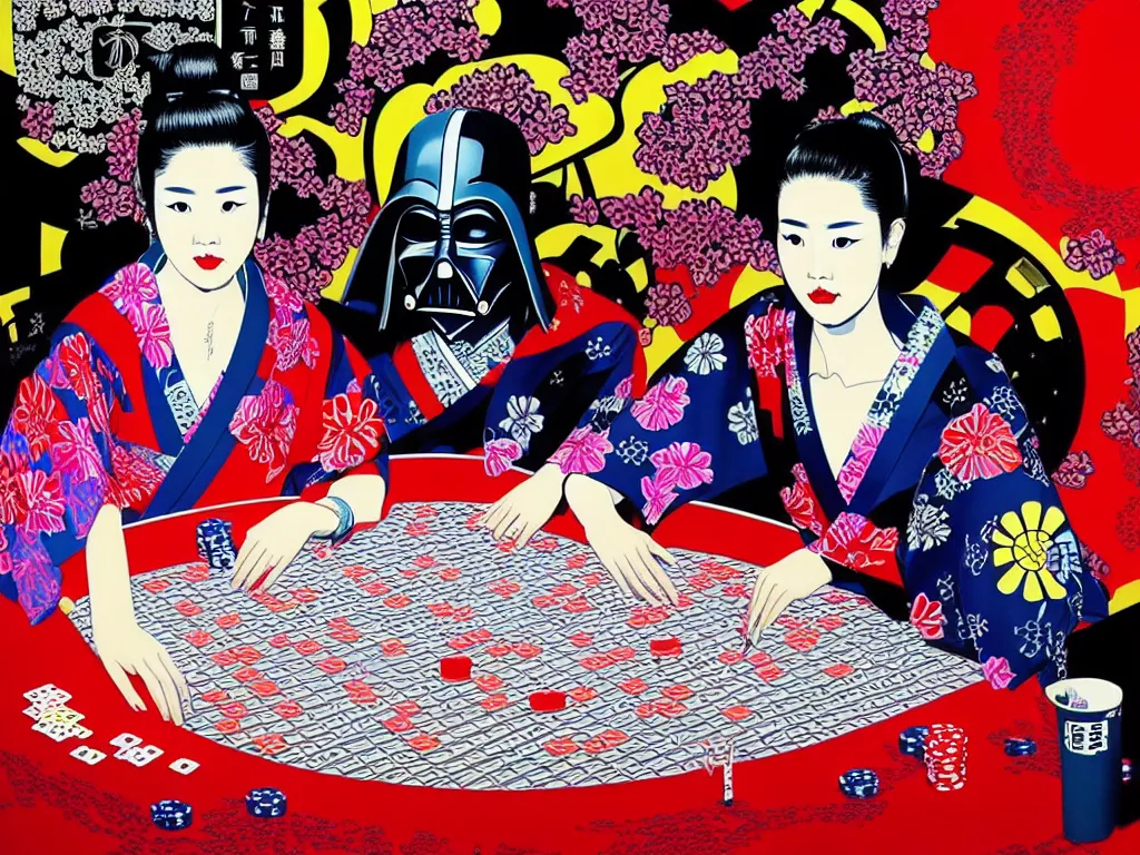 Image similar to hyperrealistic composition of the detailed woman in a japanese kimono sitting at a extremely detailed poker table with detailed darth vader, fireworks, mount fuji on the background, pop - art style, jacky tsai style, andy warhol style, acrylic on canvas