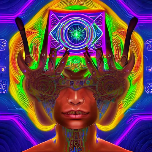 Prompt: portrait of a future metaverse tech Ayahuasca shaman warrior, 2D cartoon, visionary art, symmetric, Magick symbols, holy halo, shipibo patterns, sci-fi, concept art, trending on art station, 8k digital art