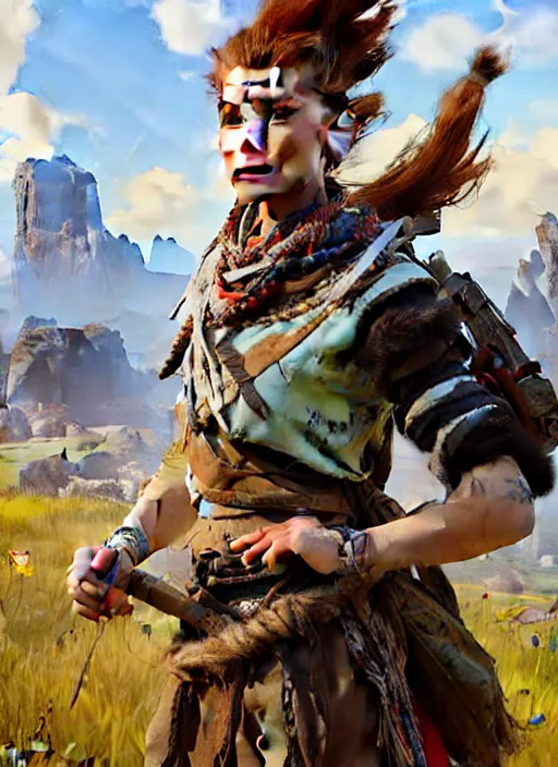 Image similar to portrait of a eastern european Aloy from Horizon Zero Dawn in the style of Apex Legends practicing, countryside, calm, fantasy character portrait, dynamic pose, above view, sunny day, clouds in the sky, artwork by Jeremy Lipkin and Giuseppe Dangelico Pino and Michael Garmash and Rob Rey and Greg Manchess, very coherent asymmetrical artwork, sharp edges, perfect face, simple form, 100mm