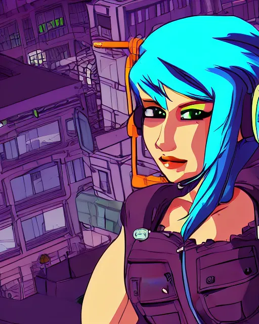 Image similar to cel shaded art of a pretty blue haired girl, jet grind radio graphics, cyberpunk city street background