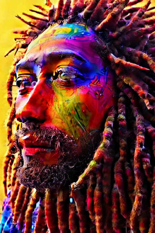 Image similar to hyperrealistic close - up portrait of psychedelic colorful acid neuro - shaman dreadlocks hippy highly detailed concept art eric zener elson peter cinematic hard lighting high angle hd 8 k sharp shallow depth of field, inspired by denis villeneuve and zdzisław beksinski