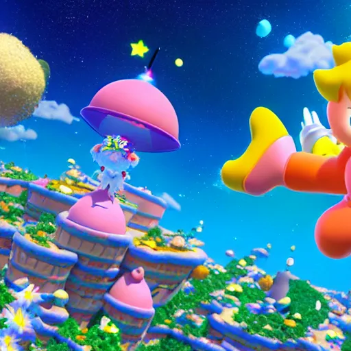 Image similar to 3 d doja cat in the style of nintendo's super mario galaxy, doja cat dressed as princess peach, brown skin, cute beautiful, video game, octane render, artistic, dynamic colors, hideo miyazaki, video game art, 3 d platformer character, bright, fun, smiling, highly detailed, octane render 8 k