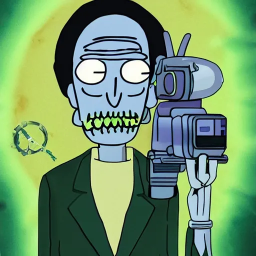 Image similar to portrait of alien rick holding a cybernetic rifle, rick and morty forever and forever a hundred years! g