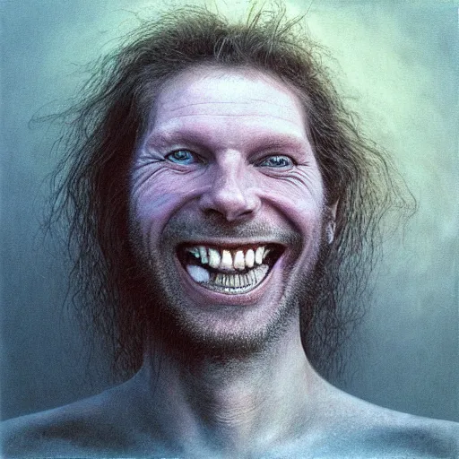 Prompt: album art portrait of aphex twin grinning, painted by zdzislaw beksinski