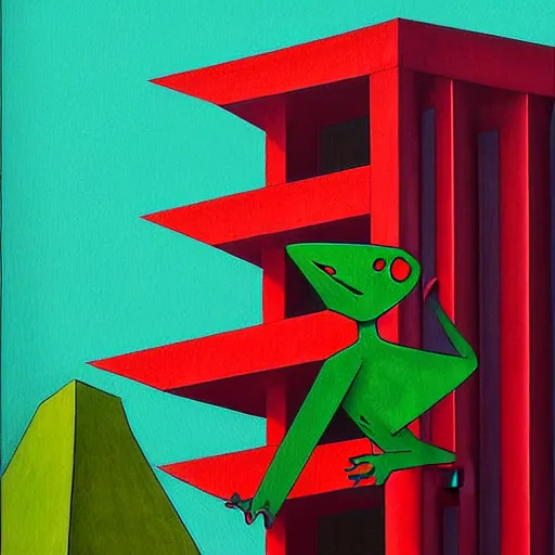 Prompt: a real concrete building with anthropomorphic qualities. a painting of sceptile by ricardo bofill. one building that reminds me of a green lizart with a red mouth. clearly a building. realistic, photograph, award winning, high wuality, high definition, contest winner, gorgeous.