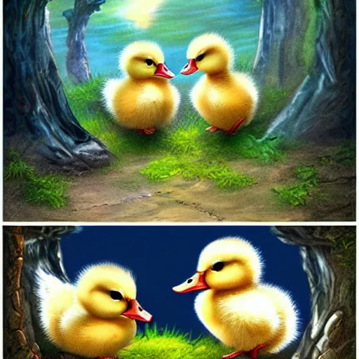 Prompt: two baby ducklings going on an adventure, fantasy, detailed digital art,