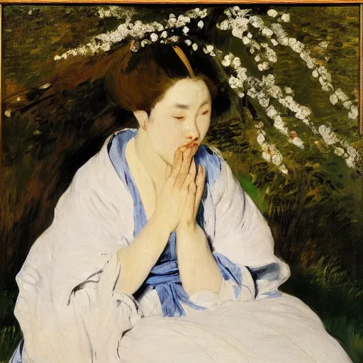 Prompt: a crying woman in a white gown kneeling at a beautiful shrine under a cherry blossom tree, rainy wet, ultradetailed, hd 8 k, oil on canvas, manet, detailed brushstrokes