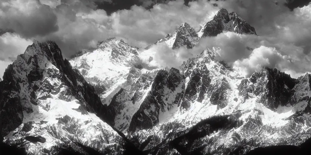 Image similar to tall mountains covered in snow with huge clouds, photo by Ansel Adams,