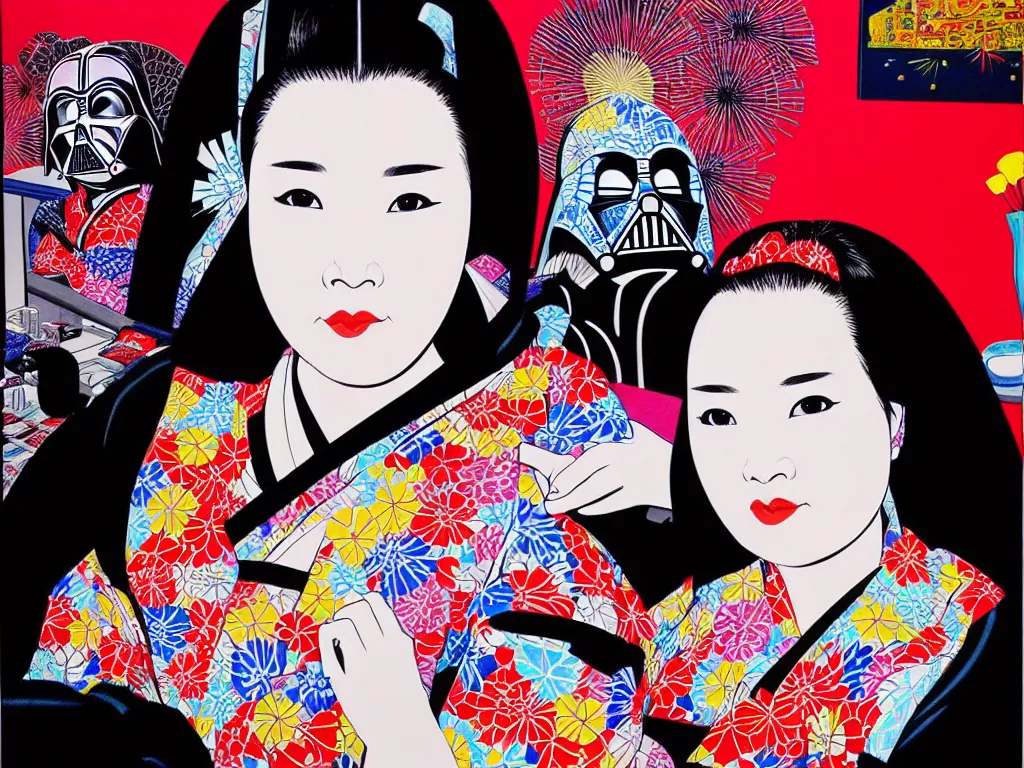 Image similar to hyperrealism composition of the detailed woman in a japanese kimono sitting at an extremely detailed poker table with darth vader, fireworks on the background, pop - art style, jacky tsai style, andy warhol style, acrylic on canvas