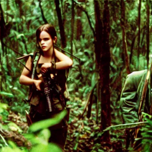 Image similar to film still, close up, portrait, emma watson soldier hiking through dense vietnam jungle, film still from apocalypse now ( 1 9 7 9 ), 2 6 mm, kodak ektachrome, blue tint ektachrome film,