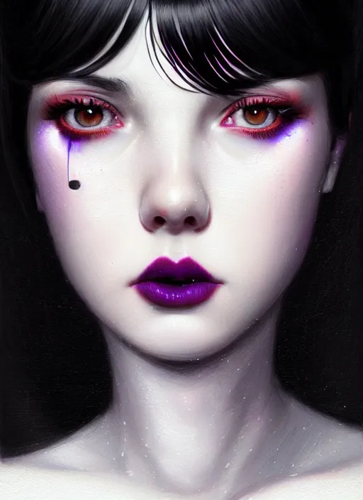 Image similar to portrait of teenage girl, red irises, red eyes, black hair, white bangs, purple lipstick, white bangs, bangs, black hair and white bangs, intricate, elegant, glowing lights, highly detailed, digital painting, artstation, concept art, smooth, sharp focus, illustration, art by wlop, mars ravelo and greg rutkowski