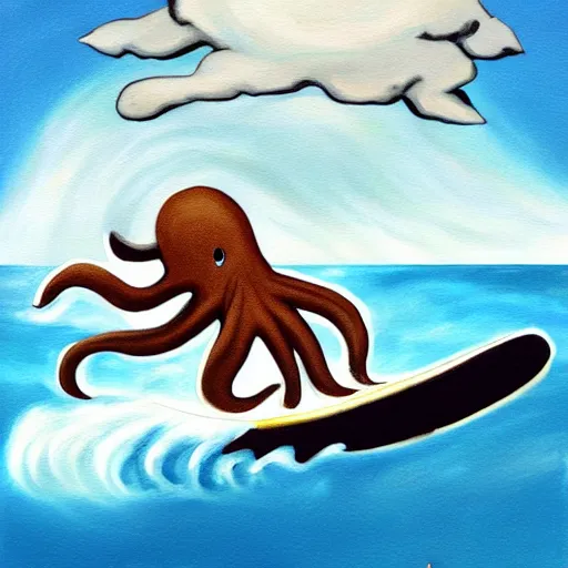 Prompt: painting of a surfing octopus on a surfboard surfing through the clouds