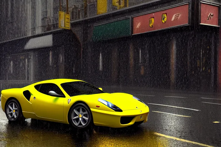 Image similar to a wholesome animation key shot of one focused yellow ferrari, dynamic, on a wet london street, raining, clouwdy atmosphere, wide shot, studio ghibli, pixar and disney animation, sharp, very detailed, high resolution, rendered in unreal engine 5, anime key art by greg rutkowski, overcast lighting, dark