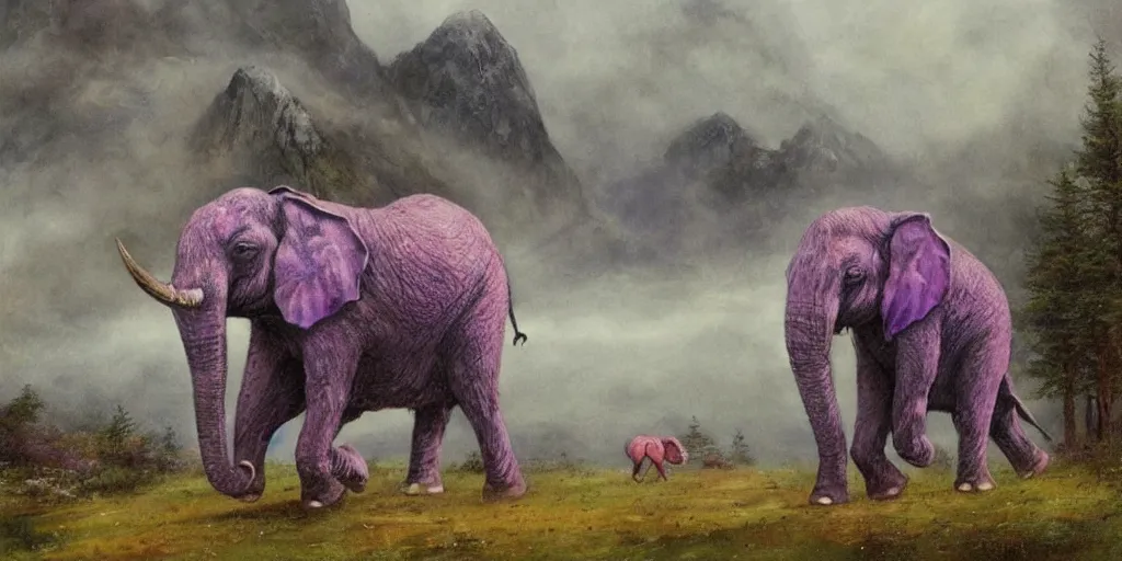 Image similar to purple coloured elephant running, raining, mountain, behind meadow, menacing, illustration, detailed, smooth, soft, cold, by Adolf Lachman, Shaun Tan, Surrealism