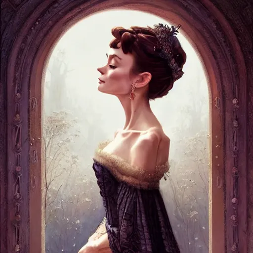 Image similar to audrey hepburn in an epic victorian novel, various backgrounds, intricate, elegant, highly detailed, digital painting, artstation, matte, illustration, art by artgerm, greg rutkowski, loish, rhads, ferdinand knab, makoto shinkai, lois van baarle, ilya kuvshinov, rossdraws, tom bagshaw