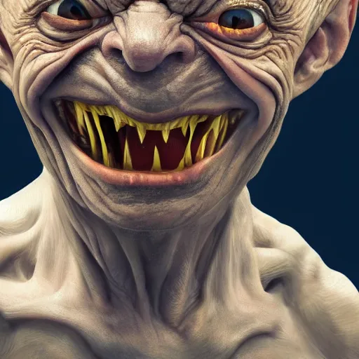 Image similar to donald trump as gollum, smiling, portrait, intricate, detailed, volumetric lighting, scenery, digital painting, highly detailed, artstation, sharp focus, illustration, concept art, ruan jia, steve mccurry