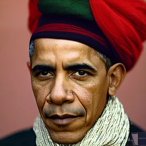 Prompt: portrait of president barack obama as afghan man, green eyes and red turban looking intently, photograph by steve mccurry