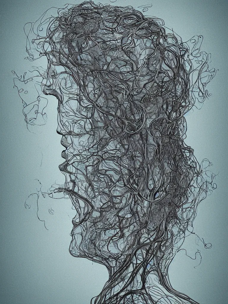 Image similar to a person with thought tendrils emanating from their head, digital art, lost in thought, driving