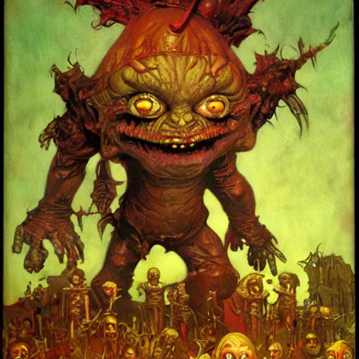 Image similar to possessed munchkin from oz, by lawrence alma-tadema and zdzislaw beksinski and norman rockwell and jack kirby and tom lovell and greg staples, artstation creature art