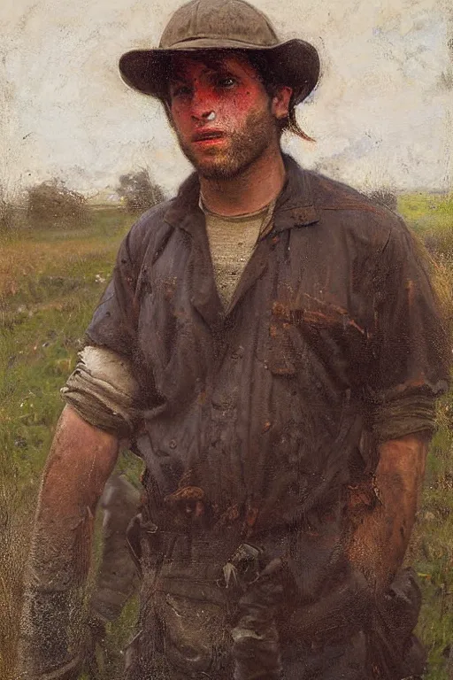 Image similar to Solomon Joseph Solomon and Richard Schmid and Jeremy Lipking victorian genre painting full length portrait painting of a young farmer working in the field, red background