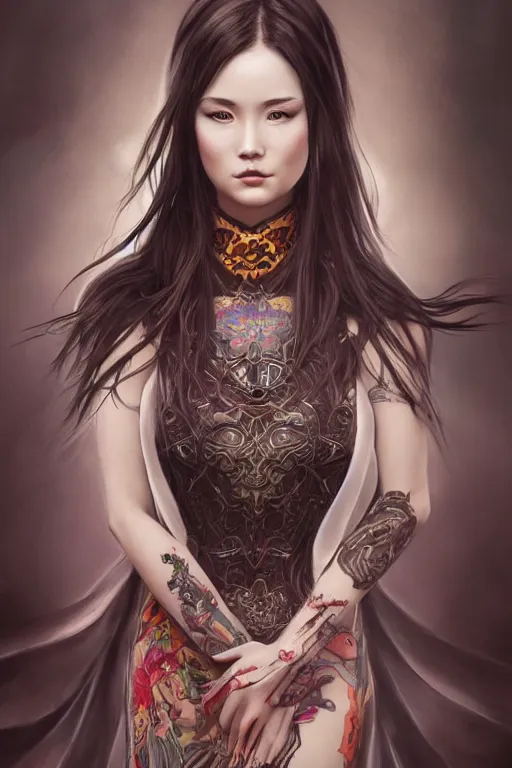 Image similar to photorealistic portrait of a dark mystical goddess wearing a qipao dress, environmental, fantasy, atmospheric, hyper realistic, artstation, art by artgerm, andres rodriguez and john william waterhouse