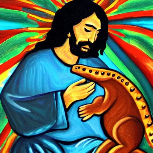 Image similar to “painting of Jesus riding a dinosaur”