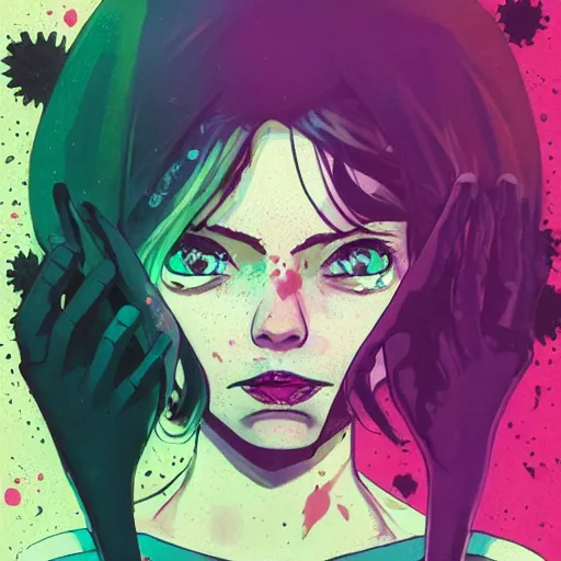 Image similar to Highly detailed portrait of pretty punk zombie young lady with, freckles and beautiful hair by Atey Ghailan, by Loish, by Bryan Lee O'Malley, by Cliff Chiang, inspired by image comics, inspired by graphic novel cover art, inspired by izombie !! Gradient purple and green color scheme ((grafitti tag brick wall background)), trending on artstation