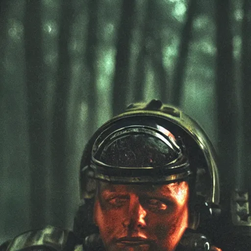 Prompt: close up kodak portra 4 0 0 photograph of a space marine after the battle standing in dark forest, m, moody lighting, telephoto, 9 0 s vibe, blurry background, vaporwave colors, faded!,