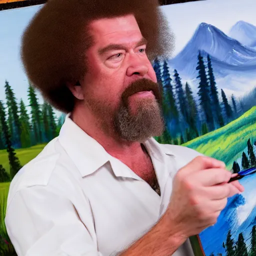 Prompt: a closeup photorealistic photograph of bob ross putting the finishing touches on a canvas painting that includes kenny powers. mountains and trees. film still. brightly lit scene. this 4 k hd image is trending on artstation, featured on behance, well - rendered, extra crisp, features intricate detail, epic composition and the style of unreal engine.