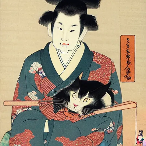 Prompt: beautiful portrait ukiyo - e painting of an ginger maine coon with white beard by kano hideyori, kano tan'yu, kaigetsudo ando, miyagawa choshun, okumura masanobu, kitagawa utamaro