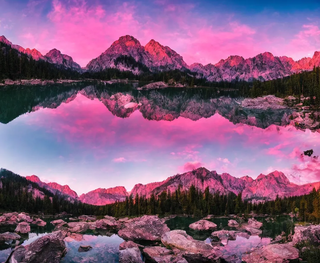 Image similar to wide angle photography, majestic mountains, beautiful lake, lush landscape, pink sky, sunset