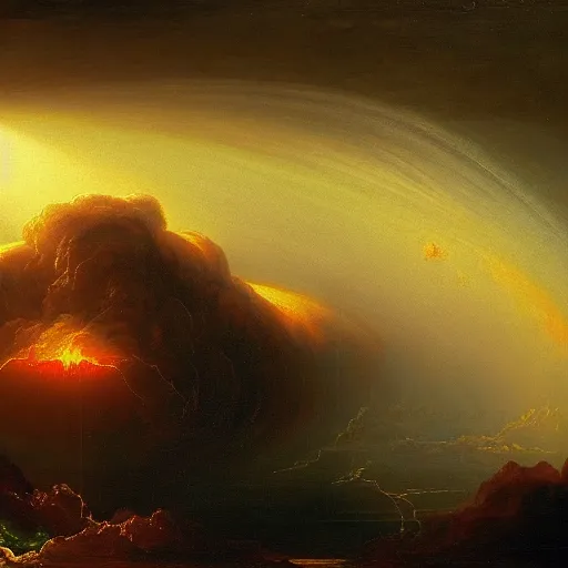 Prompt: An atom bomb explosion in Heaven, by Thomas Cole, oil on canvas, masterpiece, trending on ArtStation