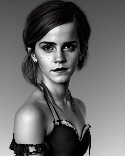 Image similar to full shot portrait painting of very beautiful emma watson standing as black maiden in stockings corset noir streets, character design by mark ryden and pixar and hayao miyazaki, unreal 5, daz, hyperrealistic, octane render, cosplay, rpg portrait, dynamic lighting, intricate detail, cinematic