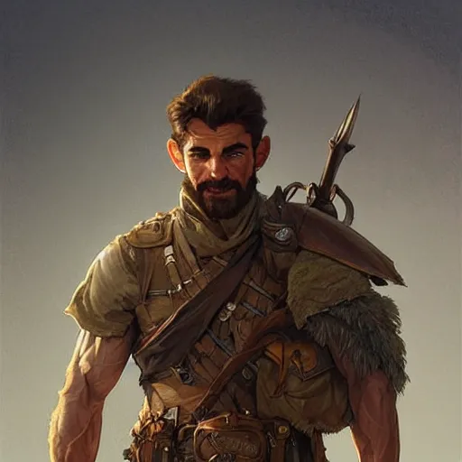 Prompt: a rugged ranger smiling softly, handsome, upper body, muscular, D&D, fantasy, intricate, elegant, highly detailed, digital painting, artstation, concept art, matte, sharp focus, illustration, art by Artgerm and Greg Rutkowski and Alphonse Mucha