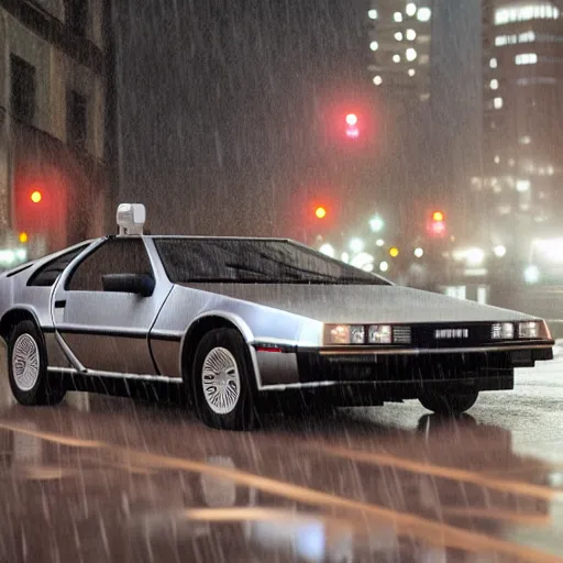 Image similar to hyperdetailed, photorealistic photograph of a dmc 1 2 delorean driving in the streets, rain, night, dense fog, hd, unreal engine 5